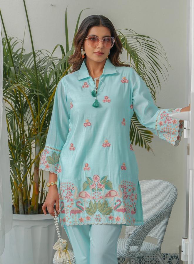 دي دبليو طقم منسق من قميص مطرز وبنطال للنساء - Image 1